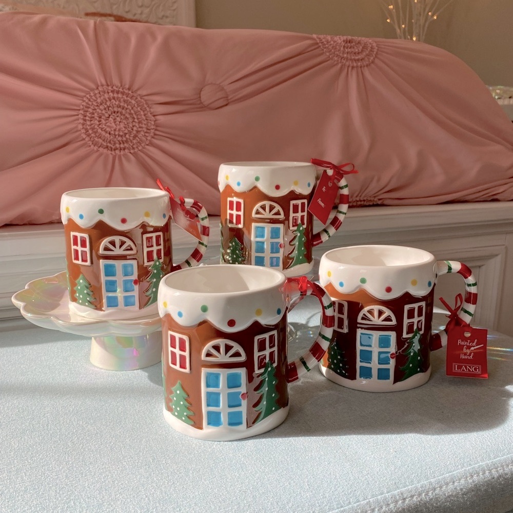 FINAL PRICE - Gingerbread House Mugs with Candy Cane Stripe Handles (set of 4)